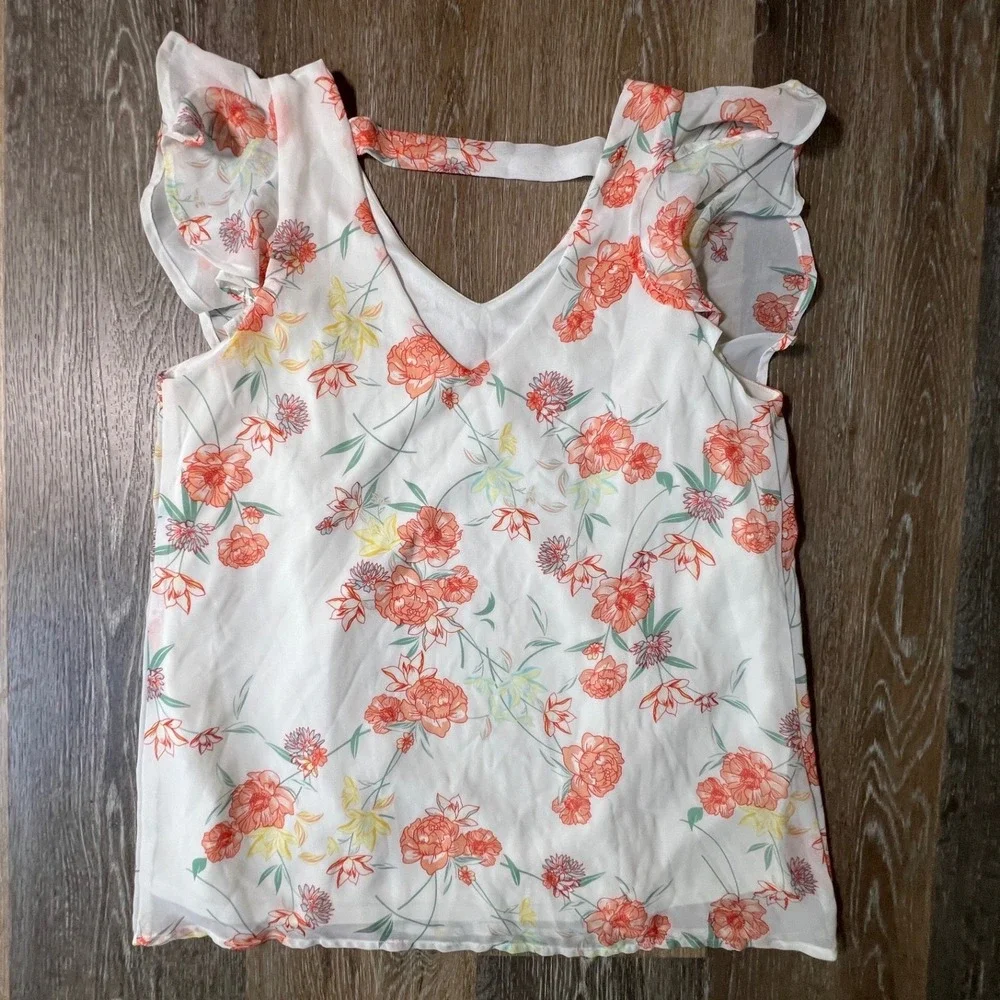 Brand Floral Ruffle Blouse Womens Size S White Orange V-Neck Chiffon Top
